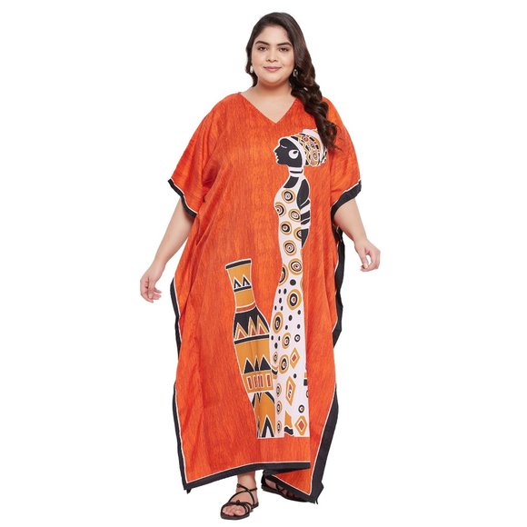 Women Plus Size Polyester Maxi Tribal Printed Orange Kaftan Dress by Gypsie Blu - Picture 8 of 9